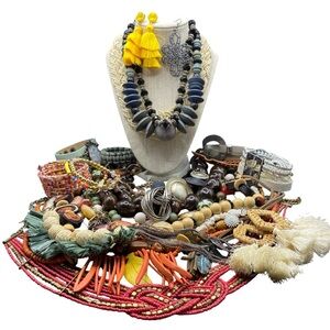 Modern Boho Bundle Necklace Bracelets Natural Beads Wood Glass Wearable Jewelry